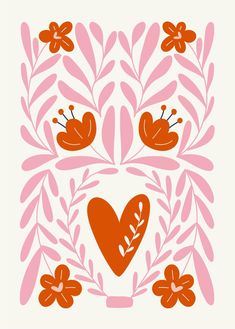 an orange heart surrounded by red flowers and leaves on a light pink background with two birds