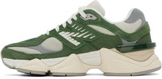 Low-top paneled pigskin suede and mesh sneakers in green. Logo embroidered at inner side and heel. · Logo embossed at toe · Lace-up closure · Rubberized logo patch at padded tongue · Padded collar · Logo appliqué at outer side · Transparent CR device at counter · Jersey lining · ABZORB® and SBS foam rubber midsole · Treaded rubber outsole Supplier color: Nori/Slate grey Nb 9060, New Balance For Men, Campus Adidas, New Balance 9060, New Balance Outfit, Sneakers Vans, Mesh Sneakers, Green Logo, Air Jordan 3