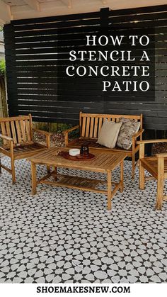 DIY black and white concrete patio stencil Porch Transformation, Painted Porch Floors, Concrete Stain Patio, Paint Concrete Patio, Stencil Concrete, Concrete Patio Makeover, Painting Front Porch, Stencils Painting, Cement Patio