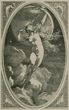 an old drawing of a naked woman holding a bow and arrow in the sky with two birds flying around her