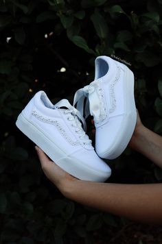 Nike Bridal Shoes | Personalized Nike Shoes | solecraftstudio Wedding Dress With Sneakers, Sneakers For Bride, Wedding Sneakers For Bride, Wedding Vans, Bride Personalized, Bridal Sneakers, Old Skool Platform, Dresses With Vans, Crystals White