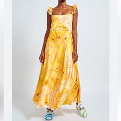 Collina Strada Ruffle Yellow Market Dress In Medium Festive Yellow Ruffled Dress, Yellow Sleeveless Ruffle Dress, Yellow Dress With Ruffled Straps And Details, Melissa Collina Strada, Yellow A-line Maxi Dress With Ruffles, Maxi Dress, Yellow, Marketing, Womens Dresses