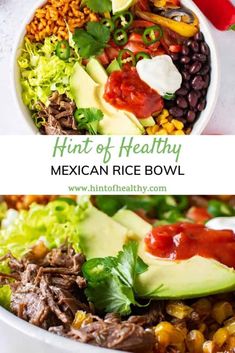 mexican rice bowl with beef, beans and avocado in it is the perfect meal to eat on a hot summer day