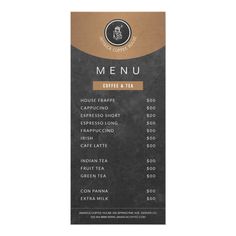 a menu for coffee and tea is shown on a black background with gold trimmings