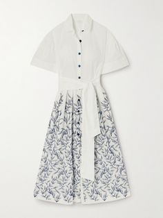 Loretta Caponi's 'Zoe' midi shirt dress is embroidered with vines along the softly pleated skirt. Crafted in a Tuscany workshop local to the brand, it's entirely handmade from Italian cotton-poplin and has a self-tie belt to cinch and define the waist. Embroidered Cotton Shirt Dress For Summer, Embroidered Summer Dresses For Work, Summer Workwear Dresses With Embroidery, Elegant Spring Shirt Dress With Floral Embroidery, Elegant Floral Embroidered Shirt Dress For Spring, Elegant Floral Embroidery Shirt Dress For Spring, Minimalist Wardrobe Capsule, Dressy Hats, Ladies Day Dresses