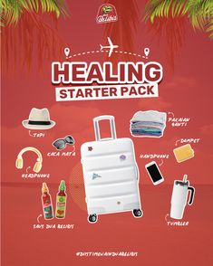 an advertisement for a travel company with luggage and items on the beach in front of palm trees