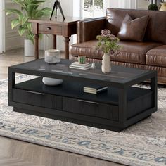 a living room with couches, coffee table and other items on the carpeted floor