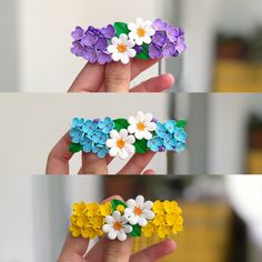 three different pictures of flowers being held in one hand and the other with two fingers