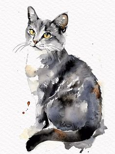 a watercolor painting of a cat sitting down