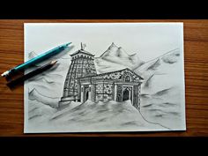 a pencil drawing of a building on top of a hill with mountains in the background