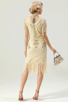 Zapaka Women1920s Dress V Neck Half Sleeves Apricot Beaded Sequin Flapper Dress with Fringe – ZAPAKA