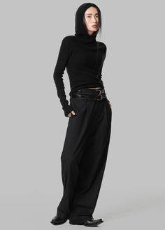 Color: Black Midweight woven fabric Relaxed fit Wide leg Pintuck detailing Side seam pockets Double belt loops Zip fly Hook and bar closure Unlined 78% Viscose 20% Wool 2% Elastane Dry Clean Imported *Belts are not included with this product and are used for styling purposes only High Waist Fitted Pants With Belted Cuffs, Versatile Fitted Belted Bottoms, Casual Fitted Pants With Belt, Fitted High Waist Bottoms With Belted Cuffs, Classic Bottoms With Belt, Casual Belted Bottoms For Winter, Versatile Black Bottoms With Belt Loops, Black Bottoms With Belt Detail For Fall, Fitted Bottoms With Belted Cuffs For Fall