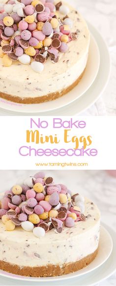 no bake mini eggs cheesecake on a white plate with pink and yellow candies