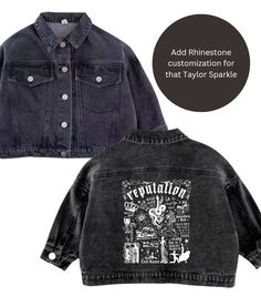 **Elevate Your Wardrobe with Our Custom Made Reputation Inspired Black Denim Jacket** Are you ready to embark on an unforgettable journey through the ERAS Tour?  ✨ Do you find yourself fully immersed in the enchanting atmosphere of each show, eagerly anticipating the secret songs of the night? Looking for a unique jacket to complement your ERAS Tour outfit? ✨ If your heart beats in sync with the ERAS Tour, then our Reputation Era black denim jacket is the perfect choice to channel your inner Swi Eras Tour Jacket, Denim Jacket Customized, Jacket Customized, Secret Song, Reputation Era, Unique Jackets, In Sync, Black Denim Jacket