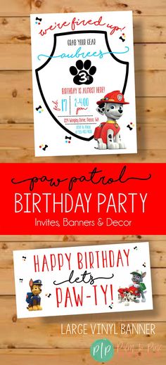 the birthday party flyer for paw patrol is shown in red, white and blue colors