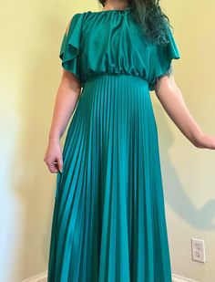 70s Union Made pleated maxi dress  GVC $35 plus shipping  P2P 18.5 W 12 L 57 Green Pleated A-line Maxi Dress, Green Maxi Dress With Pleated Waist, Spring Pleated Maxi Dress, Flowy Maxi Dress With Pleated Waist For Party, Green Evening Dresses With Accordion Pleats, Spring Floor-length Pleated Evening Dress, Spring Evening Floor-length Pleated Dress, Spring Party Maxi Dress With Pleated Waist, Summer Evening Maxi Dress With Accordion Pleats