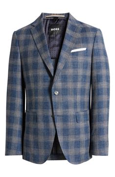 A slubbed blend of wool, cotton and linen brings relaxed versatility to a sport coat that's patterned in a pale plaid and styled for warm-weather occasions. 29" length (size 42) Notched lapels Chest welt pocket; front flap pockets Side vents Partially lined 65% virgin wool, 27% cotton, 8% linen Dry clean Made in Turkey Hugo Boss/BOSS/HUGO has received the Fair Labor Association accreditation, which signifies that the company has effective systems and procedures in place to successfully uphold fa Double-breasted Wool Sport Coat With Welt Pockets, Wool Button-up Sport Coat With Pockets, Blue Single-breasted Cotton Sport Coat, Plaid Single-breasted Sport Coat With Notch Lapel, Tailored Single-breasted Plaid Sport Coat, Wool Plaid, Sport Coat, Welt Pocket, Hugo Boss