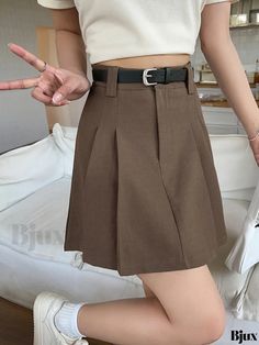 Bjux - Pleated Belted Skirt: A High-waisted, Solid-colored Casual Clothing for Women Non-stretch High Waist Pleated Skort, Trendy Pleated Brown Bottoms, Trendy Brown Skirted Bottoms, Trendy High-waist Brown Skort, Brown High Waist Pleated Skirt, Brown Pleated Short Skort, Casual Waist-length Pleated Skirt, High-waisted Pleated Brown Skort, High Waist Pleated Brown Skort