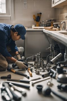 a man is working on some tools in the kitchen