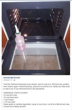 an open oven door with a pink bottle in the middle and instructions on how to clean it