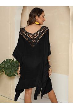 Wrap yourself in luxury with our Cutout Ruffled Half Sleeve Cover-Up! Perfect for any sunny day, this cover-up is designed for women who love to lounge poolside or at the beach. Feel confident and stylish with our comfortable yet chic swim cover up. A must-have for any summer wardrobe! Features: Ruffled, Cutout Sheer: Semi-sheer Stretch: No stretch Material composition: 100% polyester Care instructions: Machine wash cold. Tumble dry low. Imported Size Top Length Bust Sleeve Length One Size 32.3 Crochet Batwing, Plus Size Cover Up, Plus Size Beach, Kimono Coat, Stylish Crochet, Split Design, Romper Outfit, Swimwear Cover Ups, Crochet Details