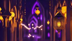 lanterns hanging from the side of a building at night with lights on either side of them