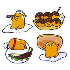 four stickers with different food items in the shape of an egg, sandwich and hot dog