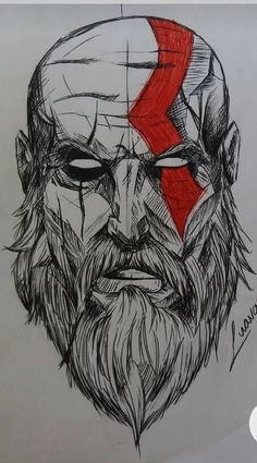 a drawing of a man's face with a red arrow on it