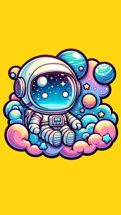 an astronaut floating in the sky surrounded by clouds and planets, on a yellow background