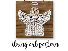 a wooden sign with an angel cutout on it and the words string art pattern above it