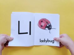 a ladybug book being held up by two hands with the letter l on it