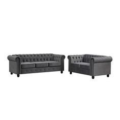 This living room set includes a classic Chesterfield three-seater sofa and a two-seater loveseat. Each piece is made with a solid and engineered wood frame and stands on bun-style feet with a black finish. They're all wrapped in fabric upholstery in a matching neutral hue, and their backs and seats are filled with foam and sponge with springs for extra padding and support. Each piece has rolled arms and features diamond-tufting and nailhead trim for a traditional and modern look. This set accomm Bun Style, Wayfair Living Room, Diamond Tufting, Seat Cushion Covers, Three Seater Sofa, Living Room Set, Fabric Upholstery, Nailhead Trim, Room Set