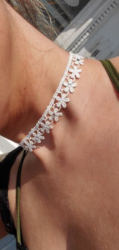 Choker White Flower Rhinestones Necklace - Etsy Delicate White Adjustable Jewelry, Adjustable Lace Jewelry For Parties, Adjustable White Choker For Festival, Elegant Handmade Summer Choker, White Wedding Jewelry For Spring, Spring Wedding White Jewelry, Delicate White Choker Jewelry, Delicate White Jewelry For Spring, Delicate White Spring Jewelry