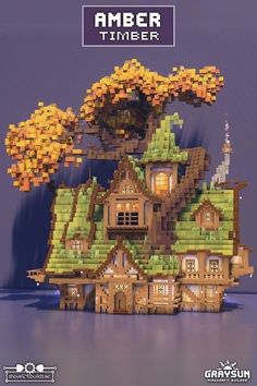 an image of a house made out of lego blocks with trees on top and buildings in the background