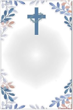 a blue cross on top of a white background with leaves and branches in the center