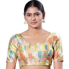 Gold color Blouse in Silk fabric with Weaving work Elegant Multicolor Unstitched Blouse, Festive Multicolor Padded Blouse, Multicolor Padded Blouse With Short Sleeves, Elegant Multicolor Festive Tops, Multicolor Short Sleeve Padded Blouse, Elegant Festive Multicolor Tops, Multicolor Unstitched Blouse Piece For Spring, Multicolor Silk Blouse With Padded Design, Spring Multicolor Unstitched Blouse Piece