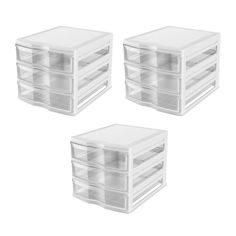 three plastic drawers are stacked on top of each other