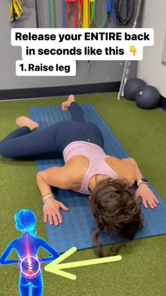 a woman laying on top of a yoga mat with the caption saying, release your entire back in seconds like this 1 raise leg