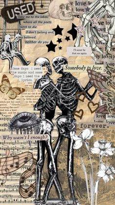 two skeletons standing next to each other with music notes and flowers in the back ground