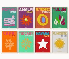 six posters with different colors and designs on them