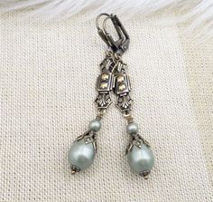 Brass Art Deco Style Sage Green Pearl Slim Long Earrings, Light Green Drop Handmade Art Deco Earrings For Weddings, Nickel-free Vintage Pearl Earrings As Gift, Vintage Nickel-free Pearl Earrings For Gift, Art Deco Earrings Vintage, Green Pearl Earrings, Bridesmaid Jewelry Gift, Stamped Metal, Brass Art, Deco Earrings