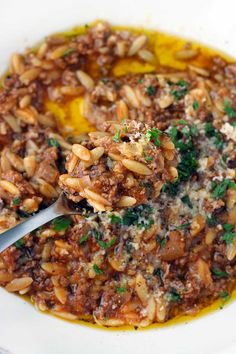 a white plate topped with pasta and meat covered in parmesan sprinkles