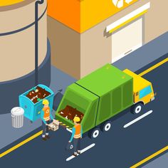 two people are loading garbage into a green bin on the side of the road in front of a building