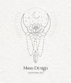 the moon design logo is shown in black and white, with an artistic lotus on it