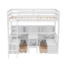 a white bunk bed with two drawers and a desk underneath it, on a white background