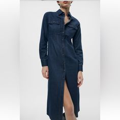 Brand New With Tags. Fabric Is Soft And Stretchy. Size: Small, Medium Denim Midi Dress With Long Sleeves For Work, Long Sleeve Denim Midi Dress For Work, Fitted Long Sleeve Denim Blue Shirt Dress, Medium Wash Long Sleeve Midi Dress For Fall, Long Sleeve Medium Wash Midi Dress For Fall, Long Sleeve Denim Blue Midi Dress, Elegant Long Sleeve Blue Denim Dress, Zara Cotton Midi Dress For Fall, Chic Denim Midi Shirt Dress