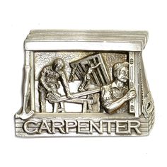 a metal plaque that says carpenter and two men working on an object in the background