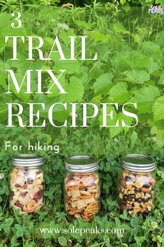 three jars filled with trail mix sitting in the grass next to green plants and flowers