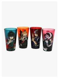 four different colored shot glasses with anime characters painted on the glass, one is red and one is blue