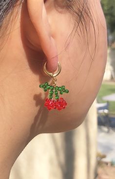 Dainty cherry earrings on a simple gold plated hypoallergenic gold hoop Cherry Beads Earrings, Cherry Bead Earrings, Cherry Color Trendy Nickel-free Jewelry, Trendy Cherry Nickel-free Jewelry, Cherry Nickel-free Trendy Jewelry, Cherry Party, Bracelets Kandi, Cherry Jewelry, Earring Inspo